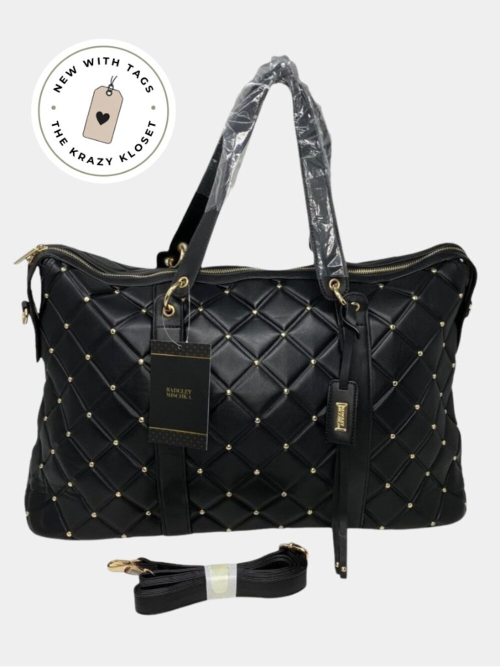 Badgley Mischka Black Quilted Weekender Travel Bag NWT | Studded Carry On Tote w